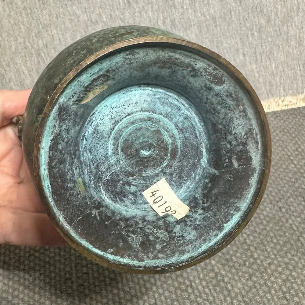 Vintage Grn Verdigris Enamel & Brass Pitcher/Vase Slender Handle Decor 9.5in
